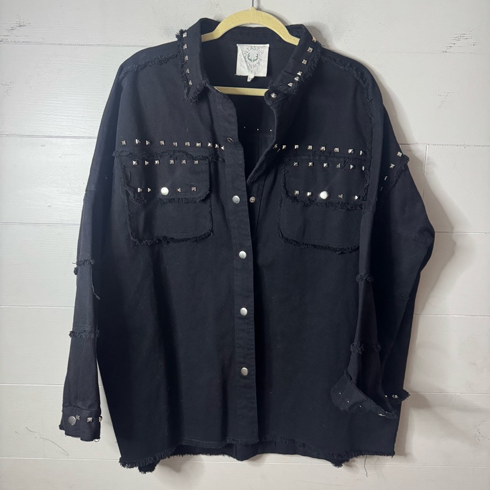 Fantastic Fawn | Women's Black Denim Jacket with Silver Accents Size Large